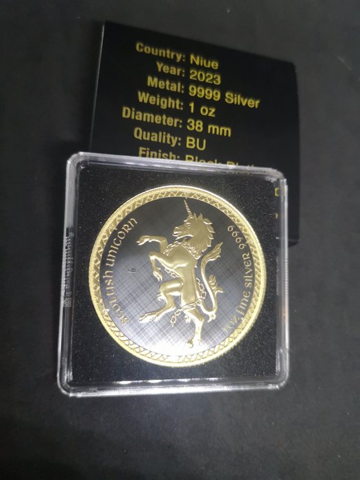 Niue. 2 Dollars 2023 Scottish Unicorn - Black Platinum 24k Gold Gilded, 1 Oz (.999)  (Ingen reservasjonspris)