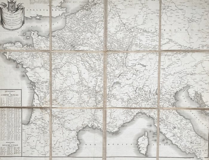 Europa, Kart - Frankrike / Kart over Napoleons Europa; Tardieu graveur des Postes Imperiales - 1810 carte des routes et des postes de l'empire Francais - 1801-1820