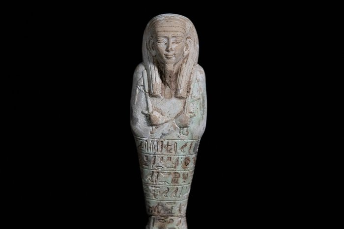 Starożytny Egipt, późny okres fajans ushabti dla Tiusa, 19,5 cm - Hiszpańska licencja eksportowa - Shabti