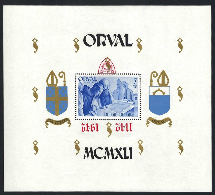 Belgique 1942 - Bloc Orval dentelé imprimé REVERSE rouge gothique - OBP/COB BL24