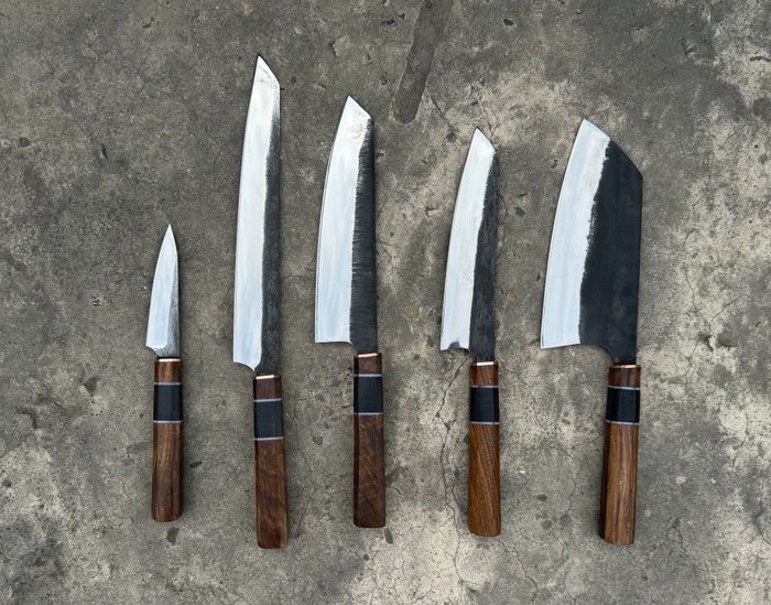 Kitchen knife - Japanese Chef Knife Set with Micarta Handles, Copper Spacers, Leather Sheaths - North America