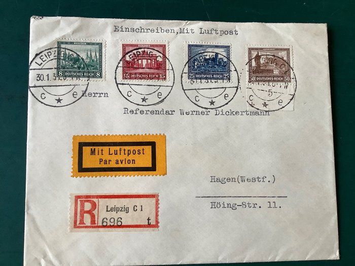German Empire 1930 - Construction works I on airmail letter - Michel 450/453