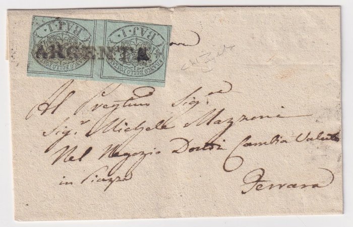 Italien 1852 - Påvlig - Antichi Stati coppia 1 baj con interspazio su lettera, cat. Euro 9000