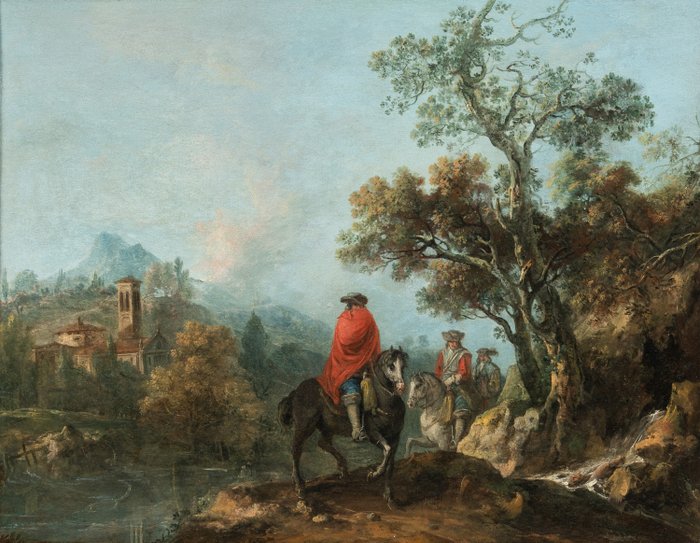 Francesco Zuccarelli  (1702 - 1788) - River landscape with knights and medieval village.