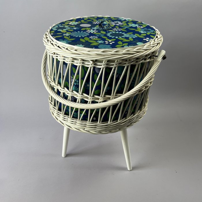Basket - Cotton, Wood, Plastic - Vintage Sewing Basket on three conical legs - 1960's
