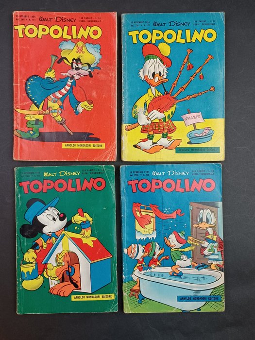 Topolino Libretto nn. 101/103, 108 - 4 Comic - Første udgave - 1954/1955
