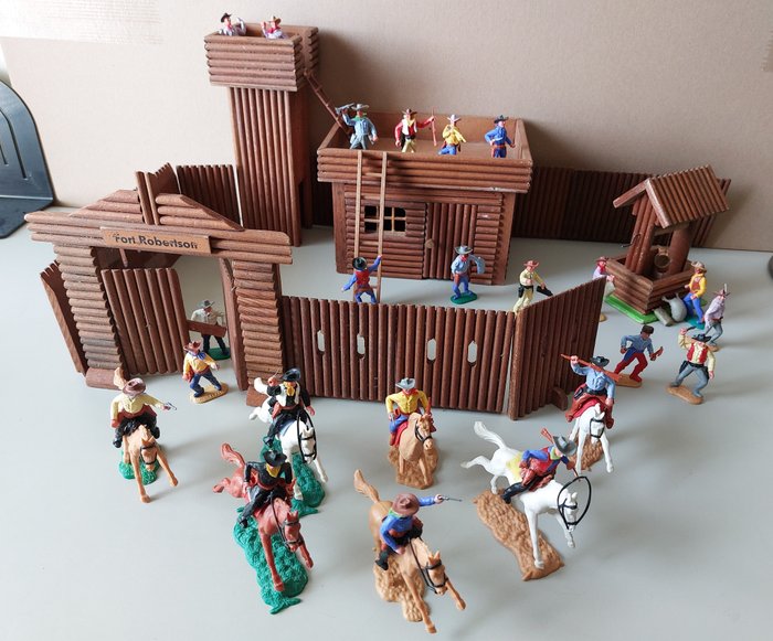 Timpo Toys - Oehme & Söhne - Personnage miniature - 11x Cavaliers et leurs montures, 16x Cow-Boy à pieds, Fort Oehme & Söhne -  (44) - Bois, Plastique
