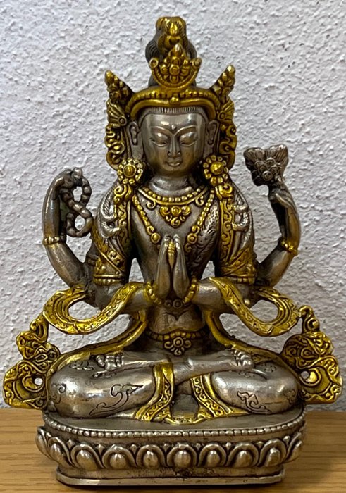 Kleine Bronze Statue - Weiße Tara - versilbert - Nepal - Bronz (ezüstözött) - Nepál