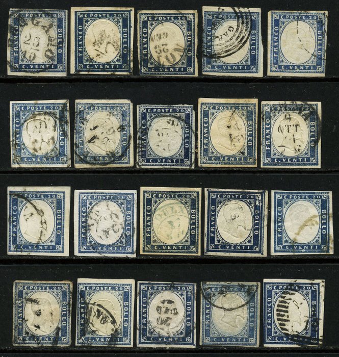 Anciens états italiens - Sardaigne  - Vittorio Emanuele II, 20 centimes. 20 pièces de bonne qualité, utiles pour étudier les couleurs