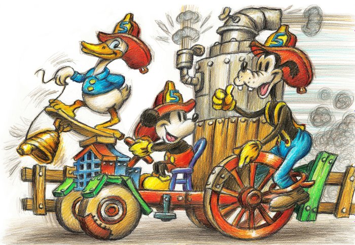 Joan Vizcarra - Mickey Mouse, Donald Duck, and Goofy in "Mickey's Fire Brigade" (1935) - Fine Art Giclée - Hand