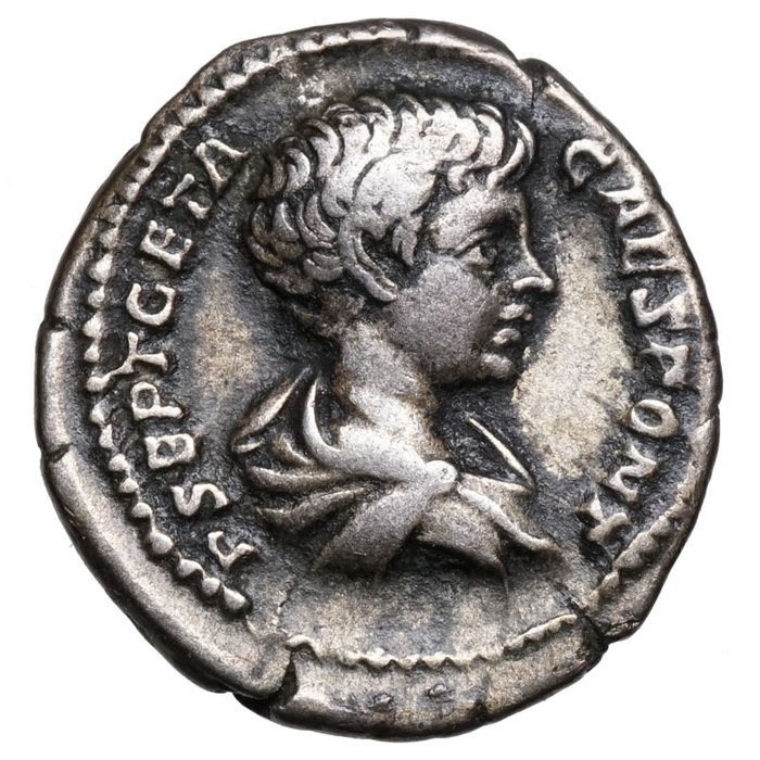 Romerska riket. Geta (AD 209-211). Denarius Rom, KAISER neben Trophäe