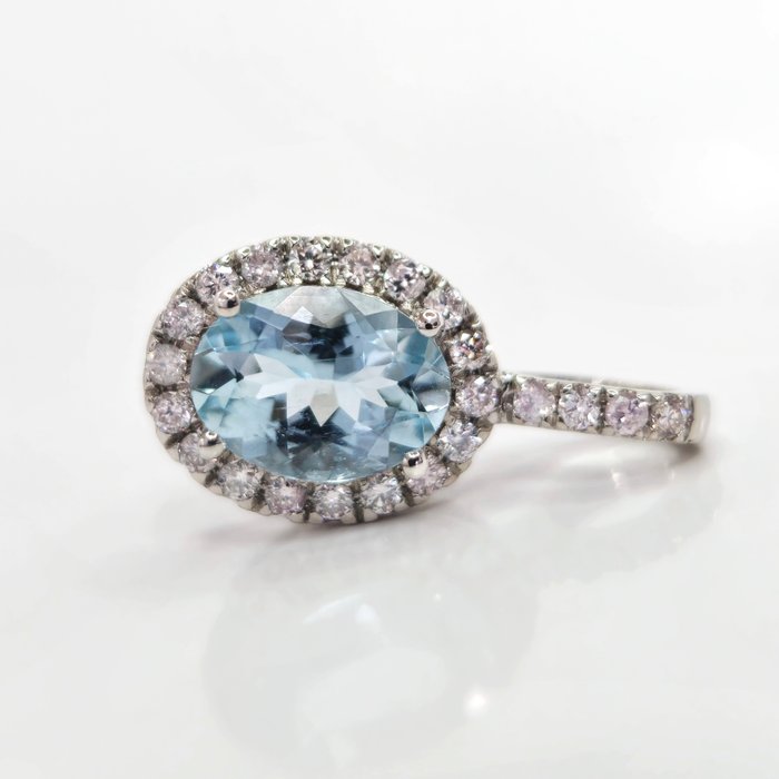 *no reserve* 1.00 ct Blue Aquamarine & 0.22 ct N.Fancy Pink Diamond Pendant - 1.26 gr - 14-karatowe Białe złoto - wisiorek - 1.00 ct Akwamaryn - Diament