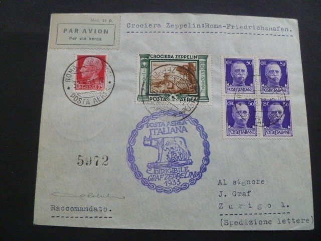 Italy Kingdom 1933 - Aerogram "Cruise ZEPPELIN" L.5 green and brown + supplements - Sassone A46+251+252