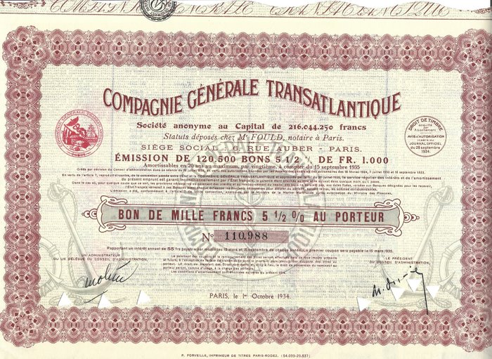 Anleihen- oder Aktiensammlung - Frankreich - Navigation - Compagnie Générale Ttansatlantique 1934 - Gutscheine