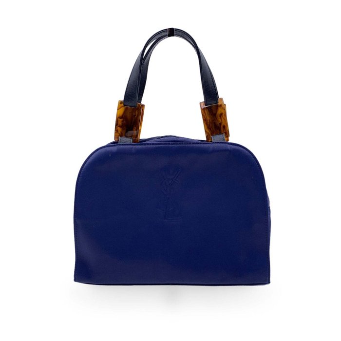 Yves Saint Laurent - Vintage Blue Satin YSL Logo Satchel Handbag - Käsilaukku