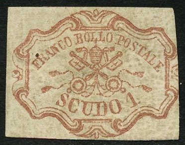 Antikke Italienske Stater - Kirkestaten 1852 - 1 karminrosa skjold, certificeret. - Sassone N. 11