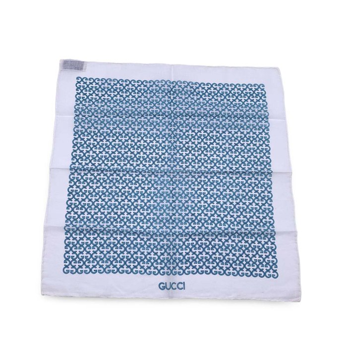 Gucci - Vintage White Blue GG Cotton Neck Scarf Pocket Square - Schal