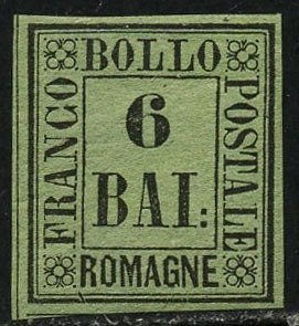 Romagna 1859 - 6 baj grønn gul. Intakt og godt marginert - Sassone N. 7