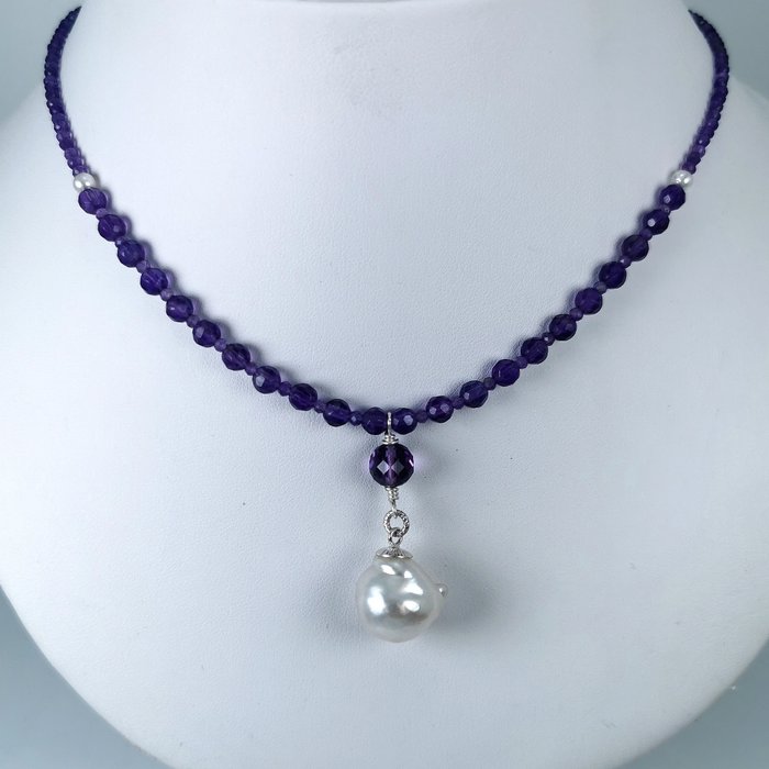 Big Australian Southsea pearl BQ Ø 13,5x14 mm 頸鏈 - 銀 珍珠 - 紫水晶 