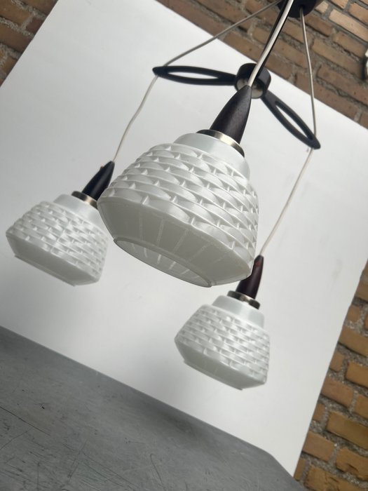 吊灯 - 复古吸顶灯丹麦设计 - 木－柚木, 牛奶玻璃