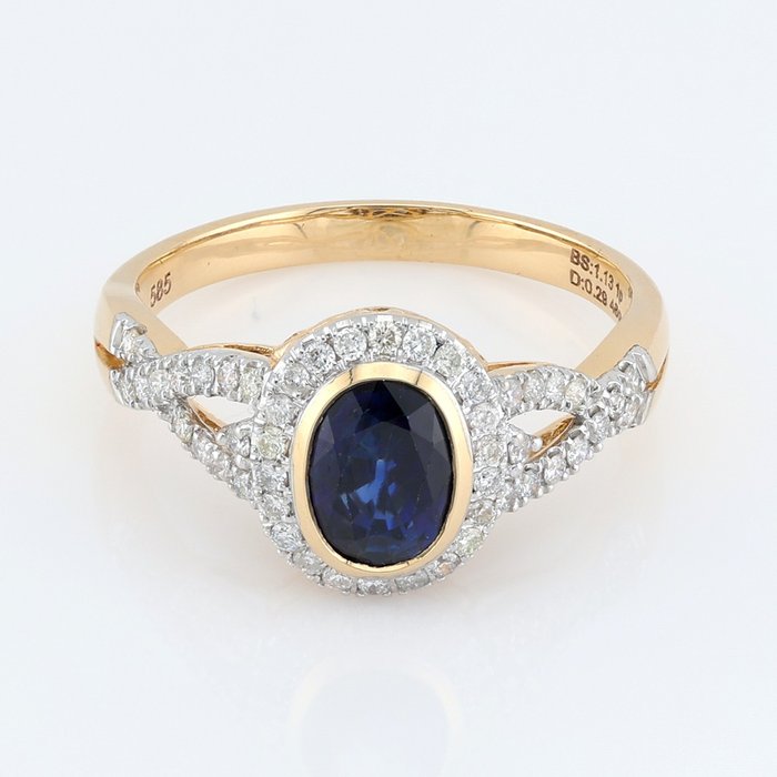 Zonder Minimumprijs - [ALGT ] - Sapphire 1.13 Cts - Diamond 0.29 Cts (48) Pcs - Ring Geel goud, Witgoud 