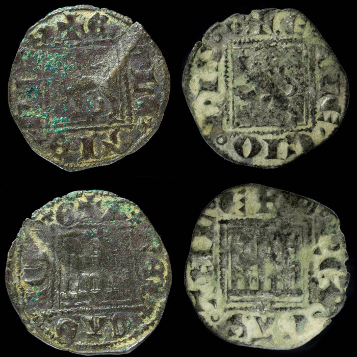 Kastilian kuningaskunta. Alfonso XI (1312-1350). Noven Sevilla (BAU 486)+Burgos (BAU 483.3). Lote 2 Piezas.  (Ei pohjahintaa)