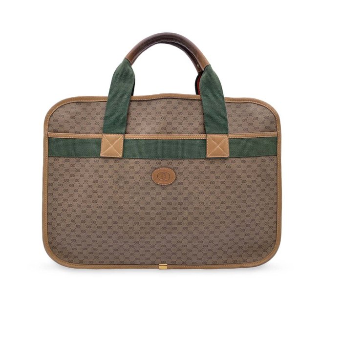 Gucci - Vintage Beige Monogram Canvas Web Handles Handbag - Salkku