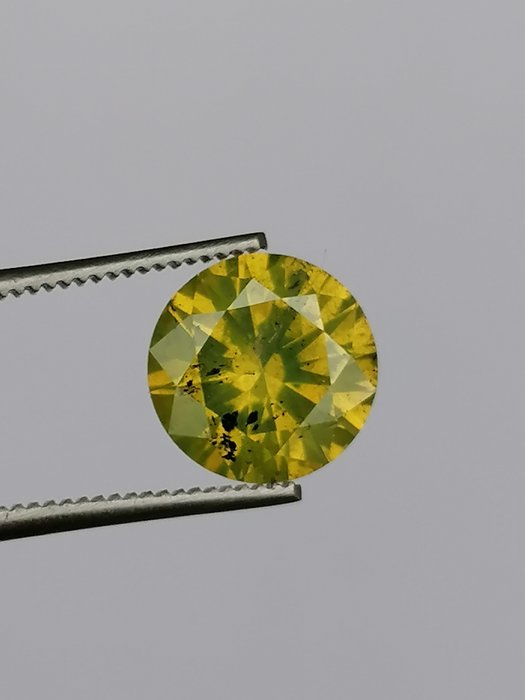 1 pcs Diament - 1.64 ct - okrągły - fantazyjny jaskrawy zielono-żółty - I2 (z inkluzjami)