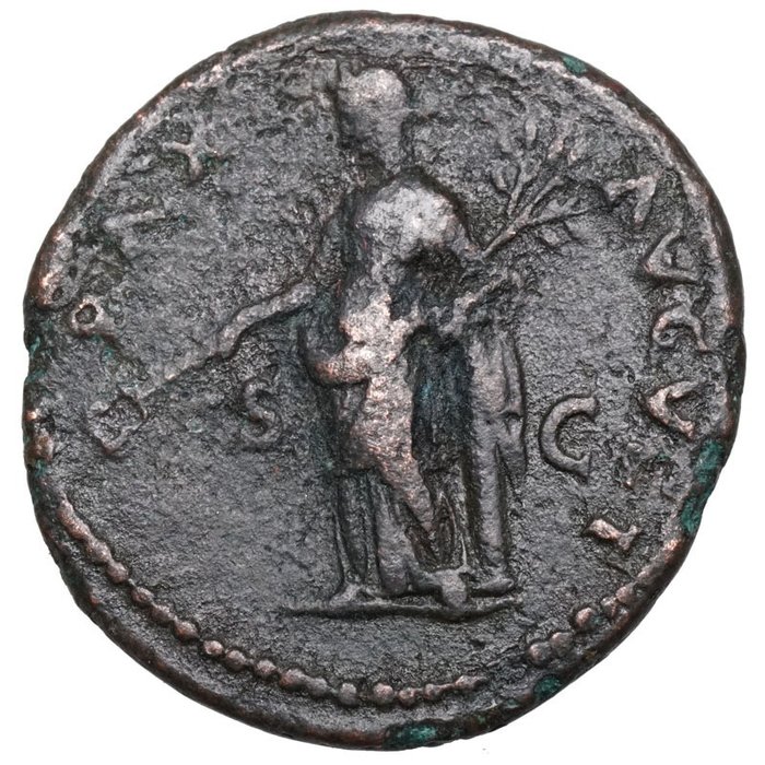 Römisches Reich. Vespasian (69-79 n.u.Z.). As Rom, PAX hält Zweig und lehnt an Säule