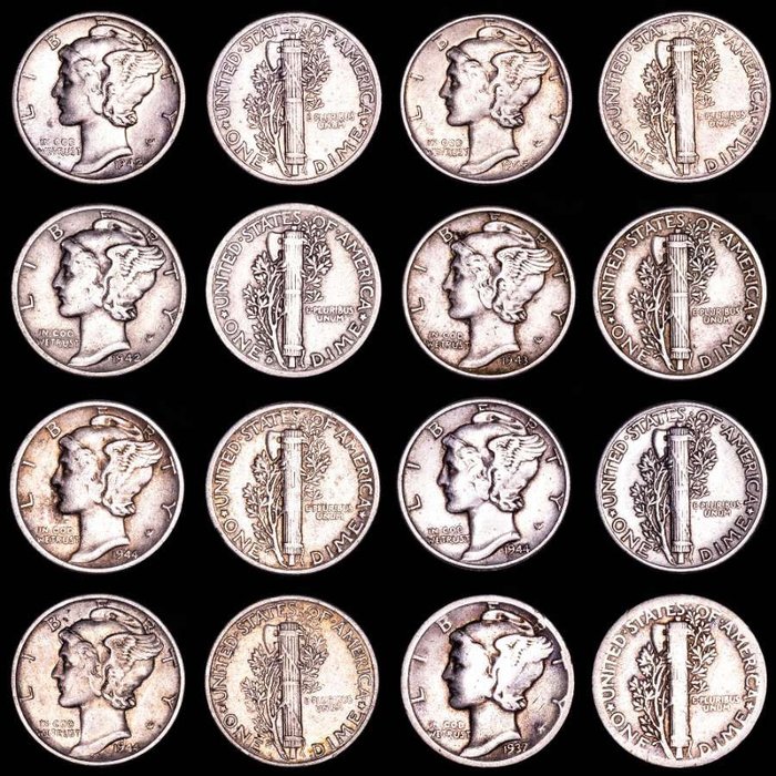 Yhdysvallat. dimes Group of eight (8) silver dimes "Mercury" type, minted in Philadelphia, Denver or S. Francisco  (Ei pohjahintaa)