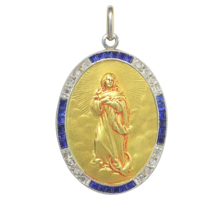 Zonder Minimumprijs - Art Deco anno 1920, Mother Mary, Sapphire, Diamond Hanger - Geel goud 