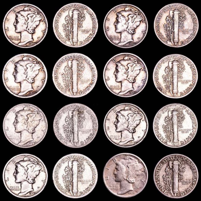 United States. dimes Group of eight (8) silver dimes "Mercury" type, minted in Philadelphia, Denver or S. Francisco  (No Reserve Price)