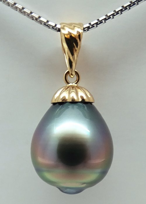 Zonder Minimumprijs - Tahitian Pearl, Vibrant Rainbow Blue Green, Drop-Shaped, 11 X 11.9 mm Hanger - Geel goud 