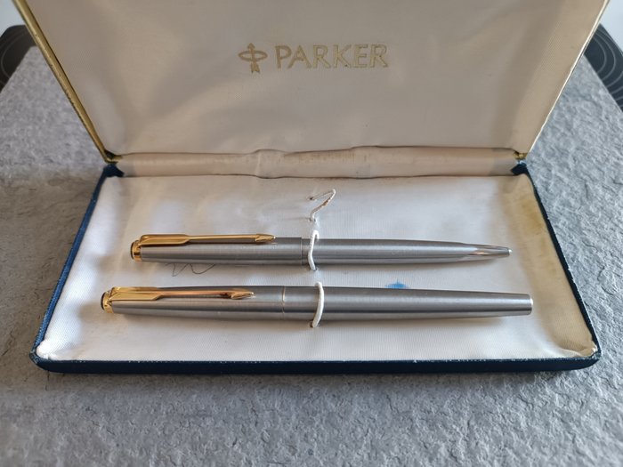 Parker - Pluma y bolígrafo Parker Falcon 50 Fligther Luxe de acero. Años 90 - Caneta de tinta permanente
