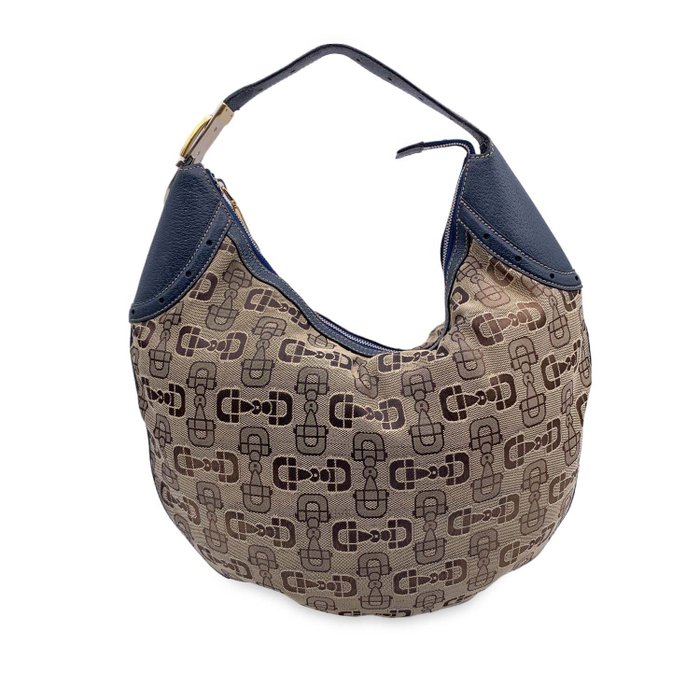 Gucci - Beige Canvas Horsebit Print Glam Hobo Shoulder Bag Handtasche