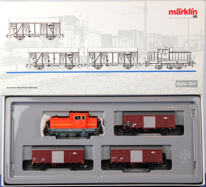 Märklin H0 - 2647 - Modellbahn (1) - Diesellokomotive DHG 700 mit drei gedeckten Güterwagen - SBB, Orbe Chavornay
