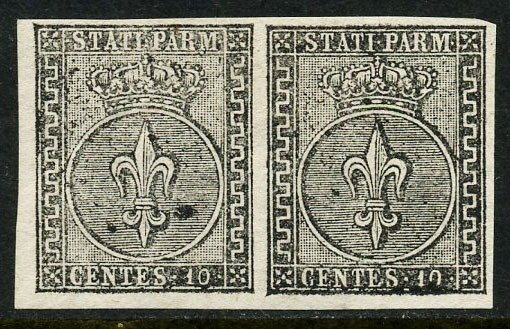 Antiguos Estados de Italia - Parma 1852 - Lirio Bourbon, 10 centavos blanco. Precioso par horizontal, certificado. - Sassone N. 2