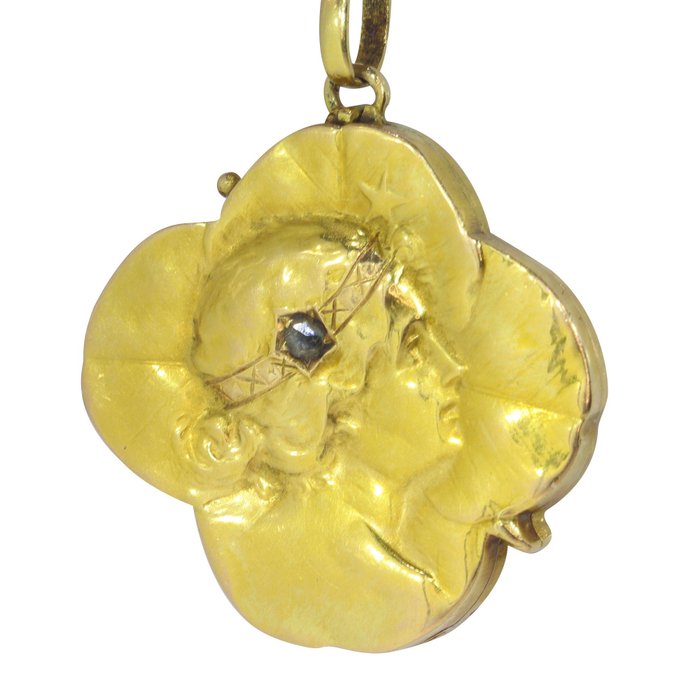 Ohne Mindestpreis - Art Nouveau anno 1900, Good luck tokens Anhänger - Gelbgold Diamant 