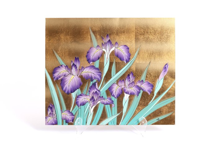 Panneau - Plaque Métallique Feuille d'Or Iris Design par Miyakoshi Homei 宮越鳳鳴 - Japon