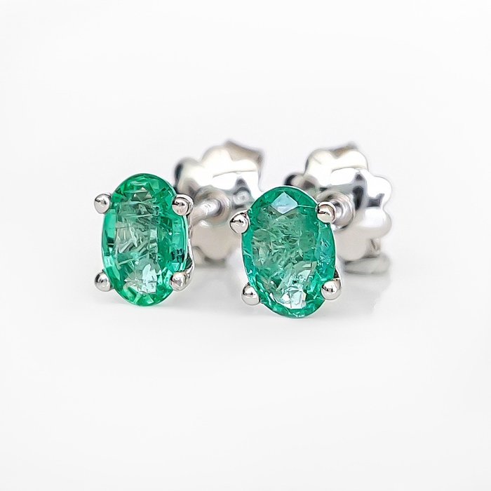 Sans Prix de Réserve - 1.15 Carat Natural Emerald Boucles d'oreilles - Or blanc 