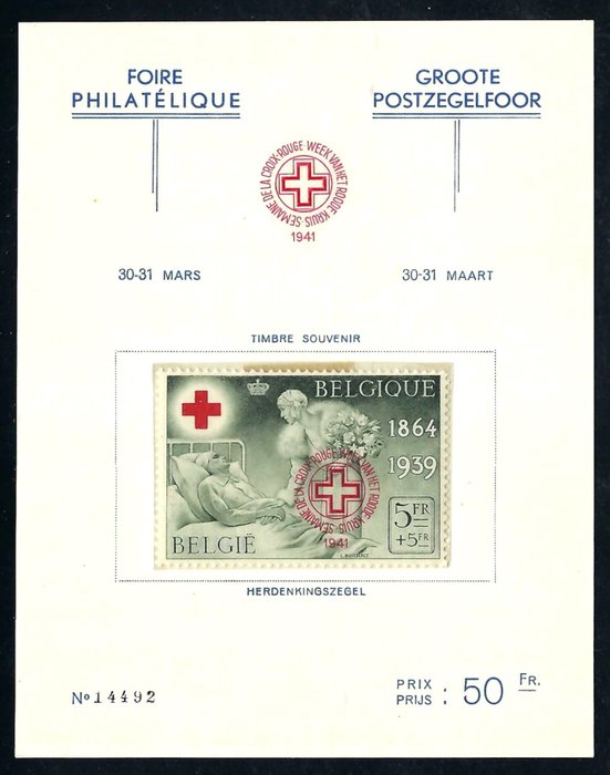 Belgia 1941 - „Tydzień Czerwonego Krzyża” (nr 503 z dwujęzycznym nadrukiem na karcie numerowanej) - OBP/COB 582B