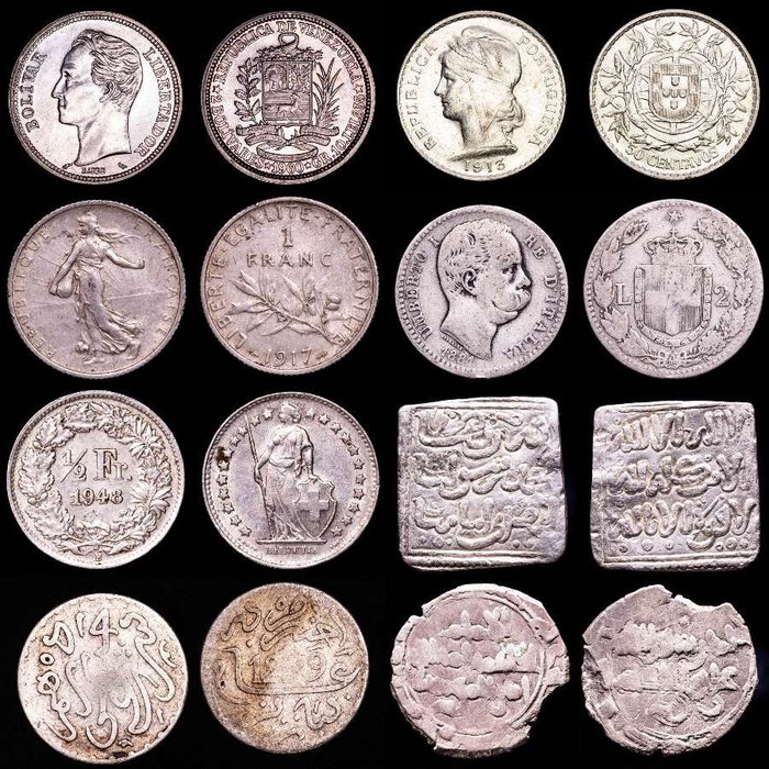 世界. Conjunto de ocho (8) monedas de plata del mundo. Alemania, España (2), Venezuela, República Checa, Canadá, Rhodesia, Islam medieval (Imperio