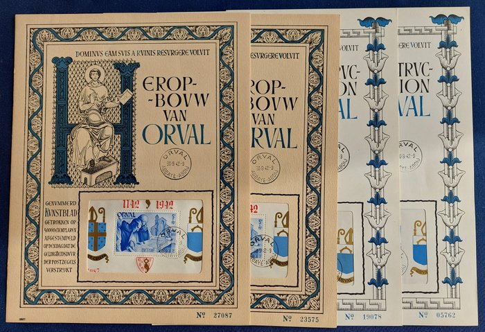 比利时 1942 - 全套纪念纸，Orval 纸，锯齿状和无孔，哥特式和英文印刷