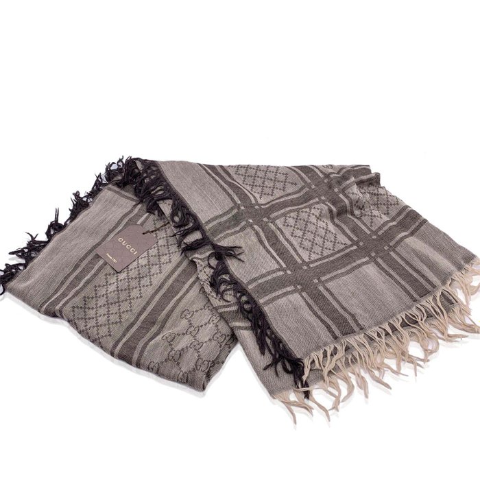 Gucci - Brown Beige Wool Silk GG ssima Survive Scarf Shawl Wrap - Sjaal
