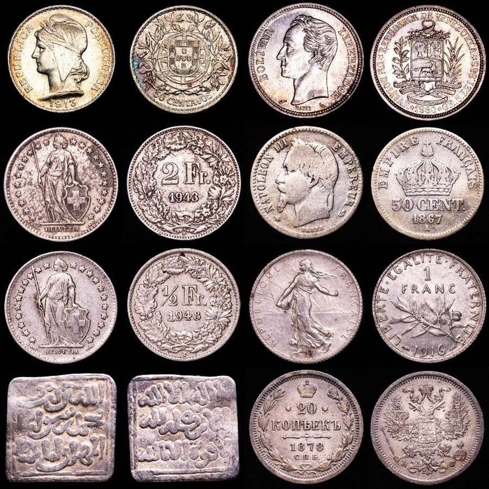 Mundo. Conjunto de ocho (8) monedas de plata del mundo. Alemania, España (2), Venezuela, República Checa, Canadá, Rhodesia, Islam medieval (Imperio