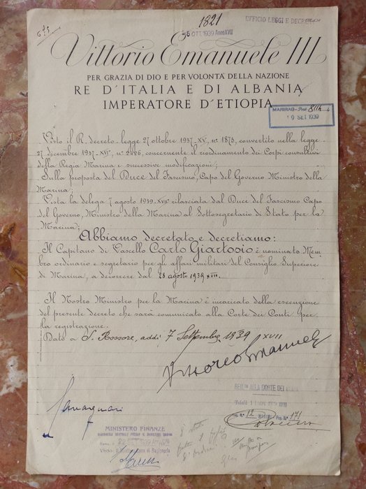 Document - Autografo Re Vittorio Emanuele III e Ammiraglio Cavagnari - 1939