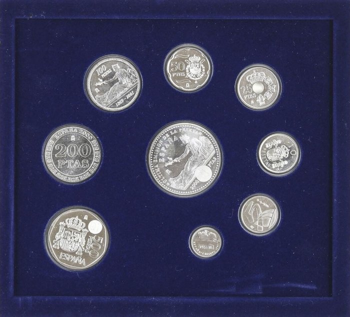 Spanien. Juan Carlos I (1975-2014). Estuche ultimas pesetas en plata Serie de 9 monedas acuñadas en plata 2000 y 2001