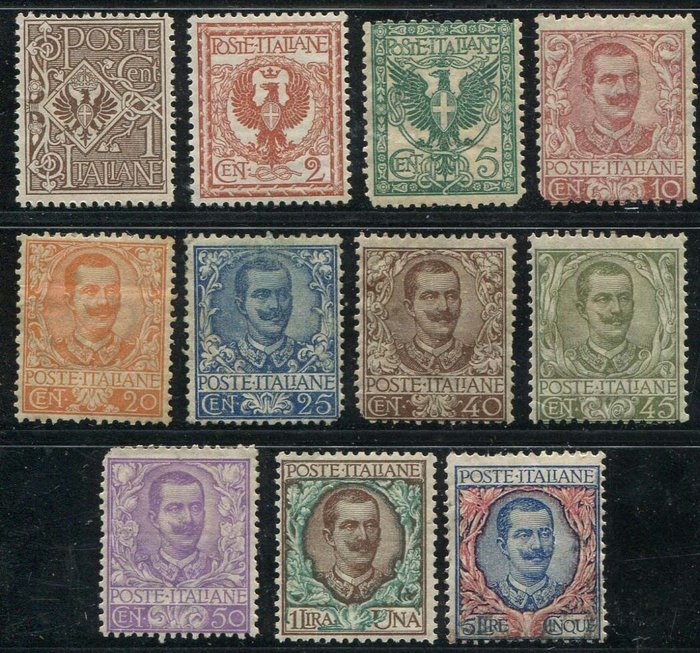 Itália 1901 - Floral, série completa de 11 valores, alguns com defeitos de perfuração - Sassone  68/78