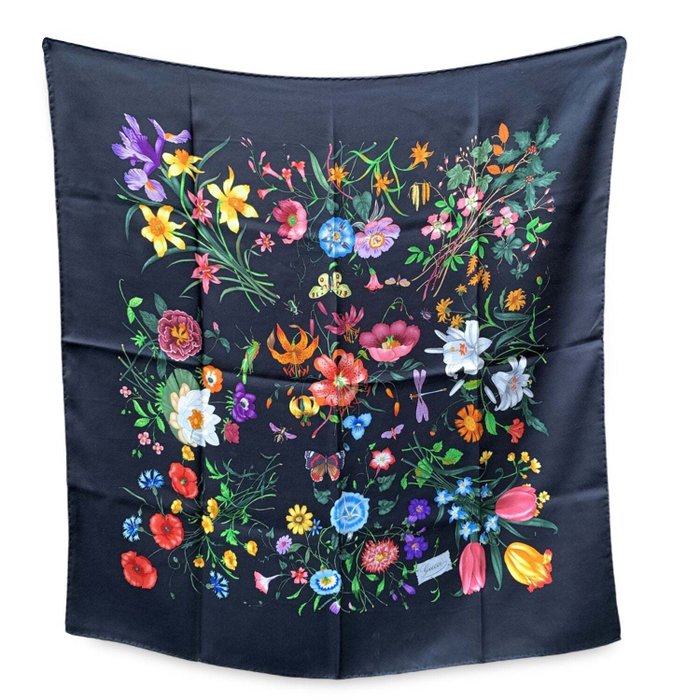 Gucci - Vintage Black Background Flora Silk Scarf Floral Pattern - Κασκόλ