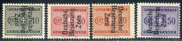 Zadar 1943 - Veromerkki 4 arvoa, joihin on painettu "D" goottilaisessa ja "B" Elzevirissä. - Sassone T3-5/7 terzo tipo